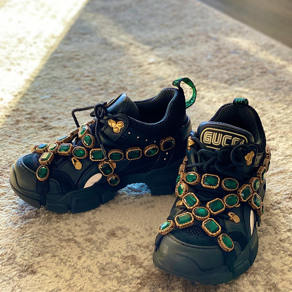 Sold Out Gucci Flashtrek Sneakers Black with Removable Crystal Strap Size 37.5